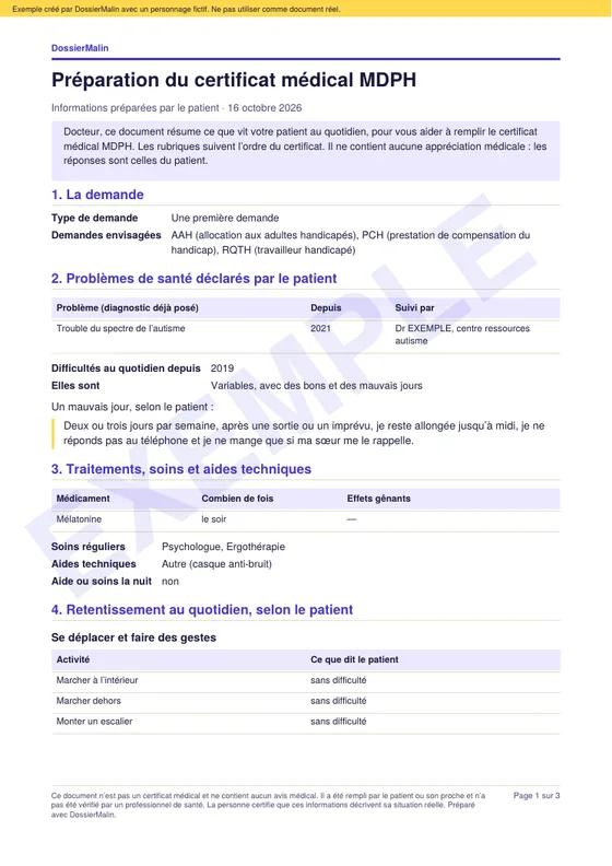 Première page de l’exemple : La fiche du certificat médical
