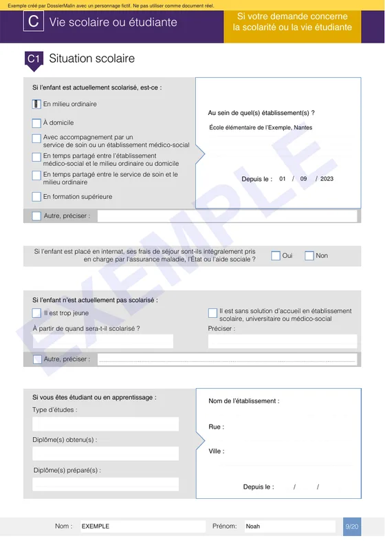 Première page de l’exemple : Le dossier MDPH d’un enfant