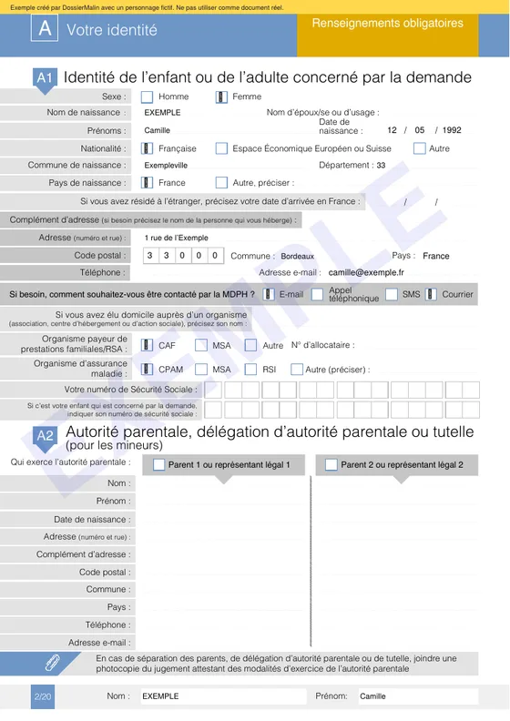 Première page de l’exemple : Le formulaire MDPH prérempli