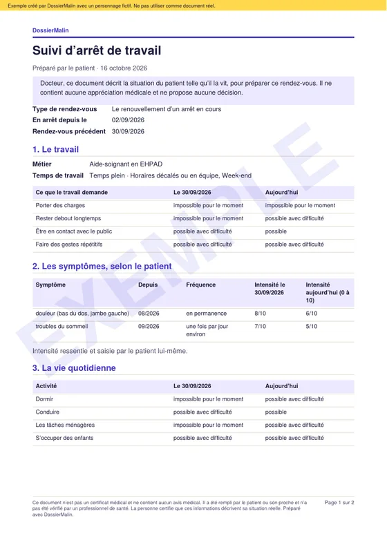Première page de l’exemple : Le suivi d’arrêt de travail